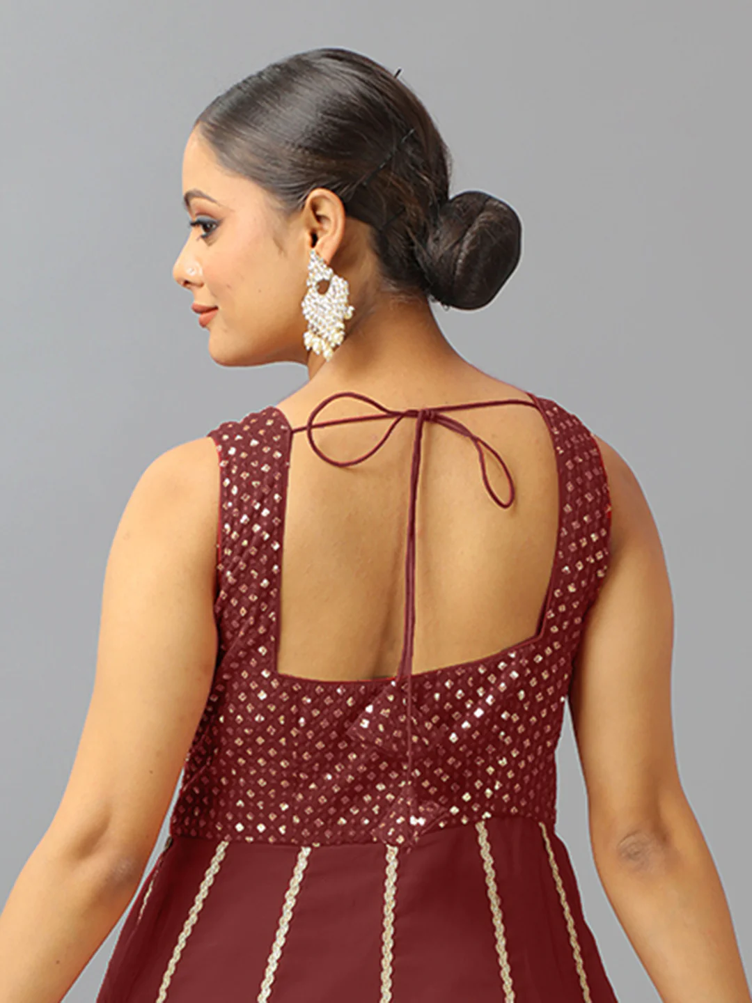 Bollywood Vogue Ready To Wear Maroon Embroidered Georgette Kali Gown - Image 6