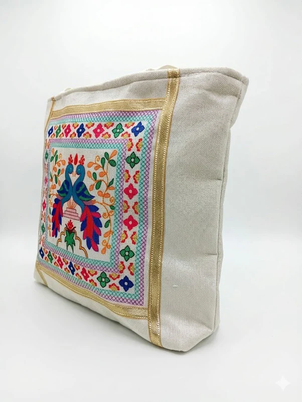 Buddy Cares Jute Tote Bag: Peacock Embroidery Print, Zipper, Cream & Gold Border - Image 3