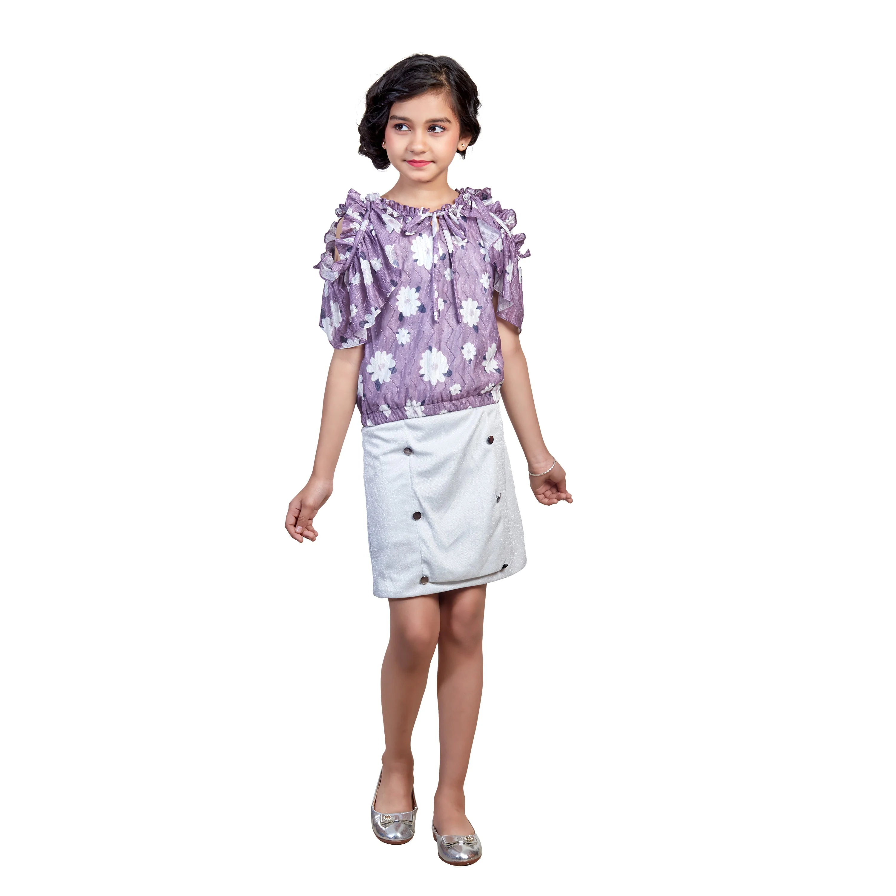 Girls Purple White Floral Printed Co-Ords Set KA00067 PURPLE - Image 3