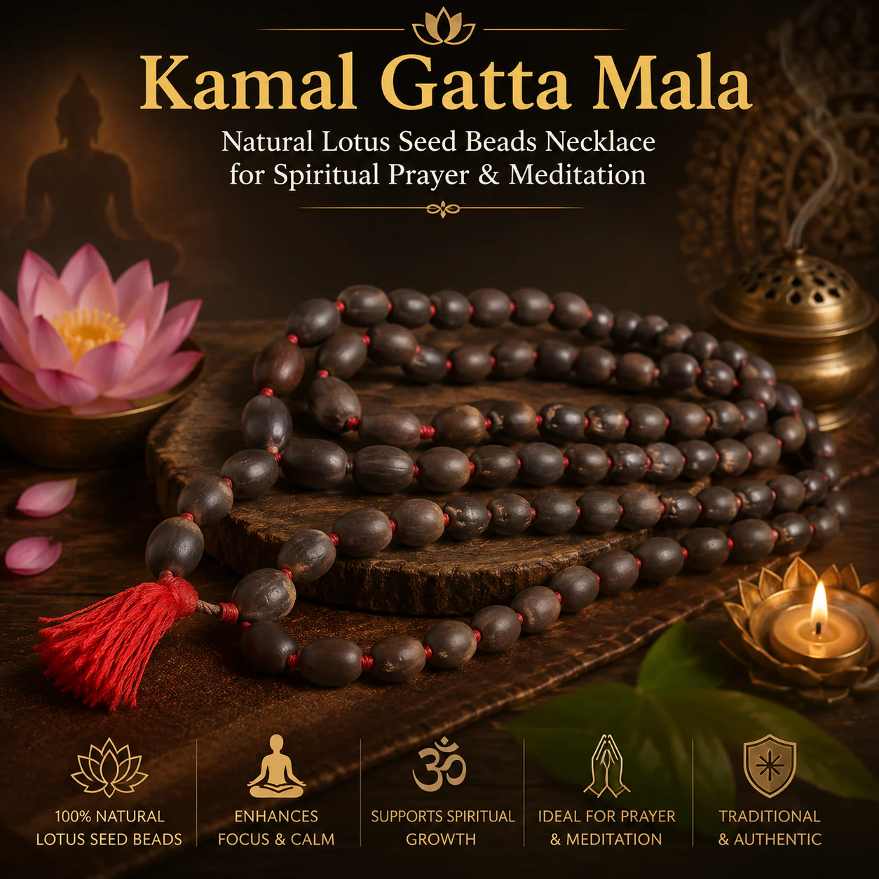 Kamal Gatta Mala – Natural Lotus Seed Beads Necklace for Spiritual Prayer & Meditation - Image 3