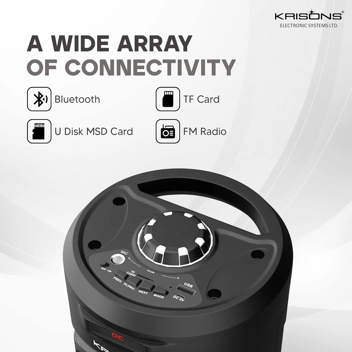 Krisons Cylinder 30W Double Woofer Multimedia Bluetooth Party Tower Speaker with Wired Mic, RGB Lights, USB, SD Card & FM Radio – Black - Image 4