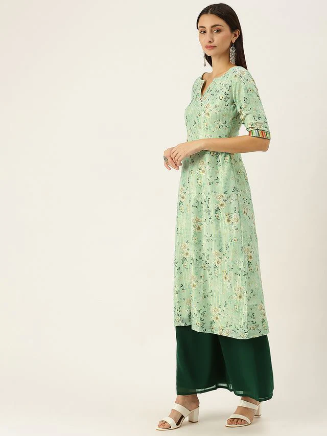 Bollywood Vogue Ready To Wear Green Muslin Printed Calf Length Kurta Set - Image 3