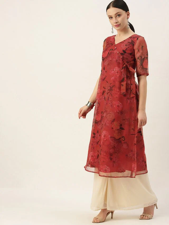 Bollywood Vogue Ready To Wear Red N Off White Printed Palazzo Set - Image 2