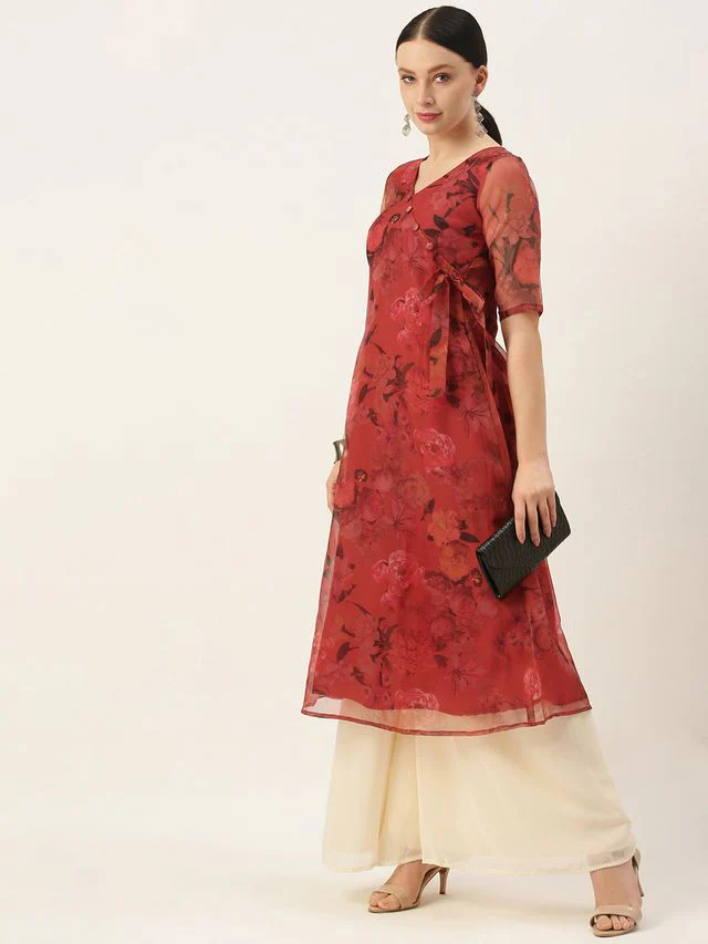 Bollywood Vogue Ready To Wear Red N Off White Printed Palazzo Set - Image 3