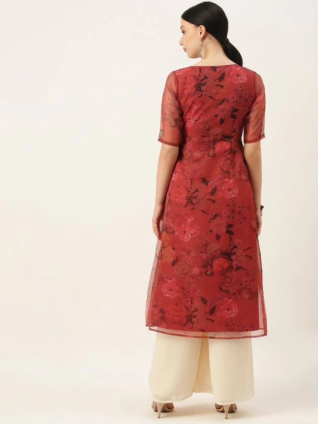 Bollywood Vogue Ready To Wear Red N Off White Printed Palazzo Set - Image 6