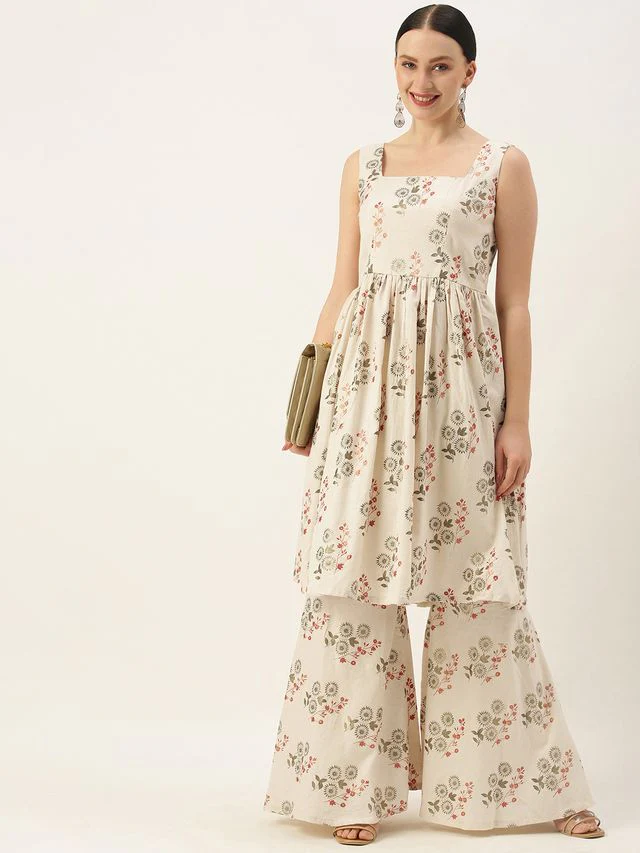 Bollywood Vogue Ready To Wear Cream Printed Kurta N Gharara Set - Image 2