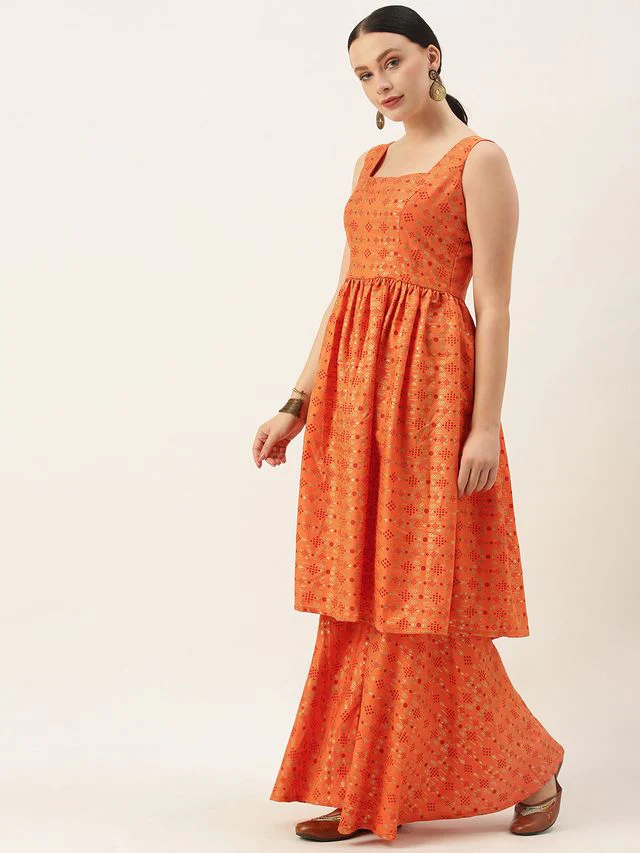 Bollywood Vogue Ready To Wear Orange Printed Kurta N Gharara Set - Image 2