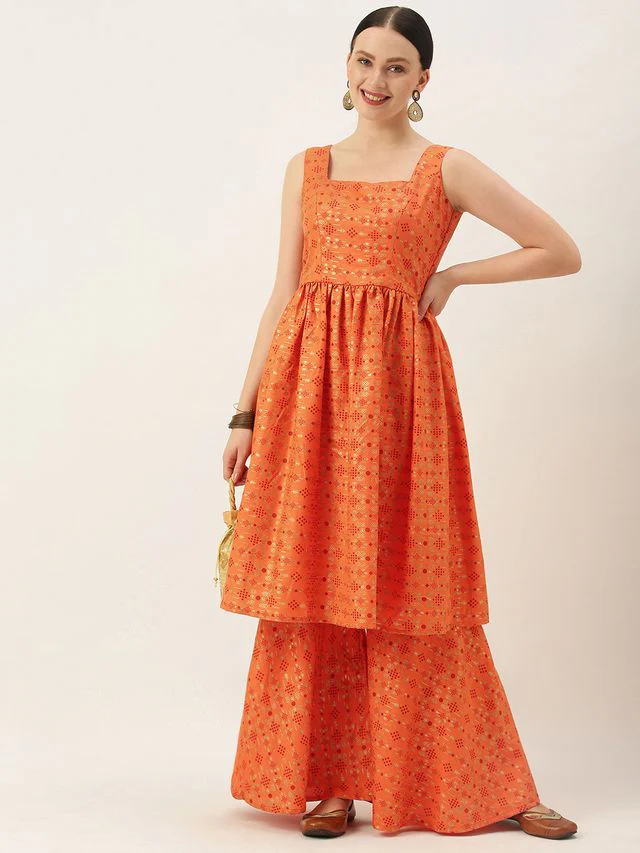 Bollywood Vogue Ready To Wear Orange Printed Kurta N Gharara Set - Image 3