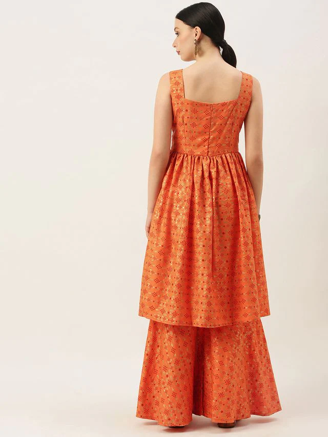 Bollywood Vogue Ready To Wear Orange Printed Kurta N Gharara Set - Image 6