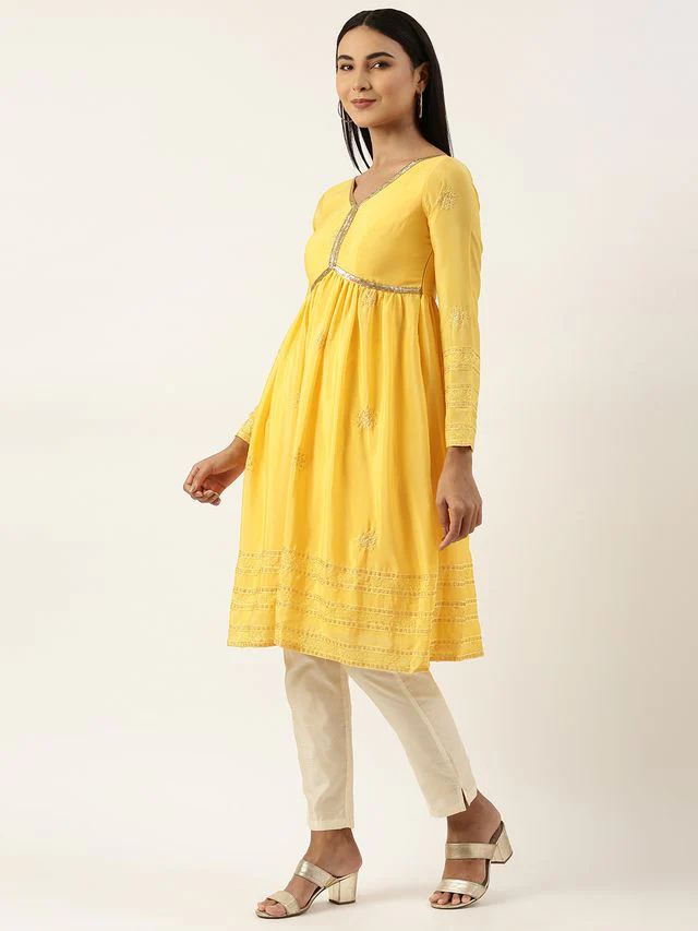 Bollywood Vogue Ready To Wear Yellow Chinnon Embroidered Kurta Set - Image 2