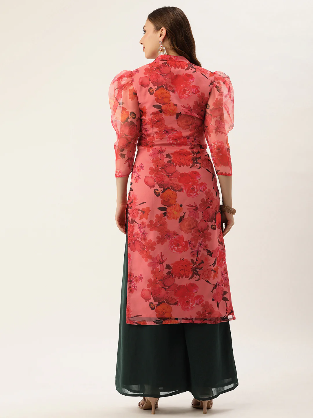 Bollywood Vogue Ready To Wear Pink Organza N Green Kurta Palazzo Set - Image 6