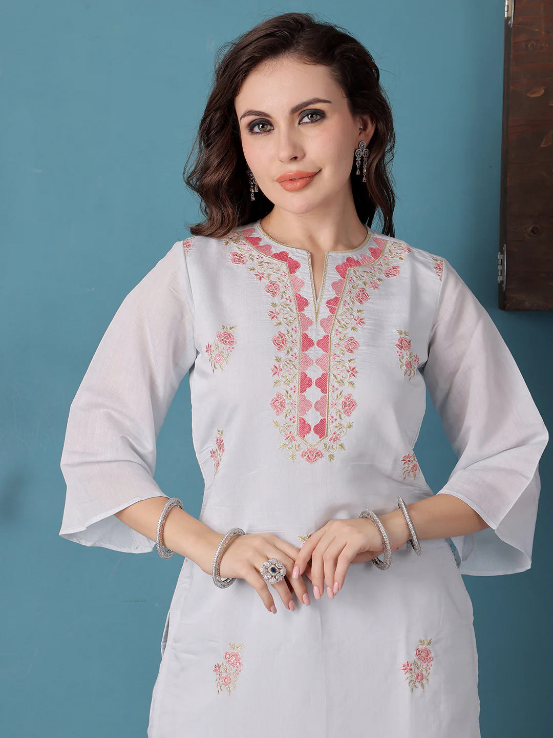 Bollywood Vogue Ready To Wear Pastel Blue Embroidered Straight Pant Suit - Image 3
