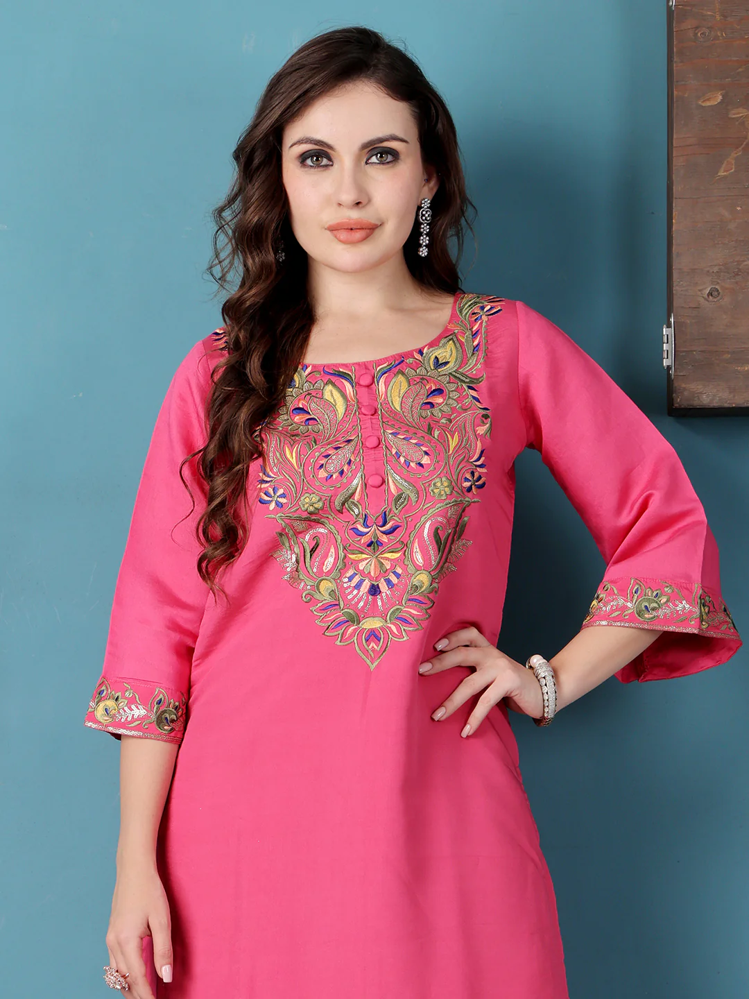 Bollywood Vogue Ready To Wear Pink Art Silk Embroidered Kurta Sets - Image 3
