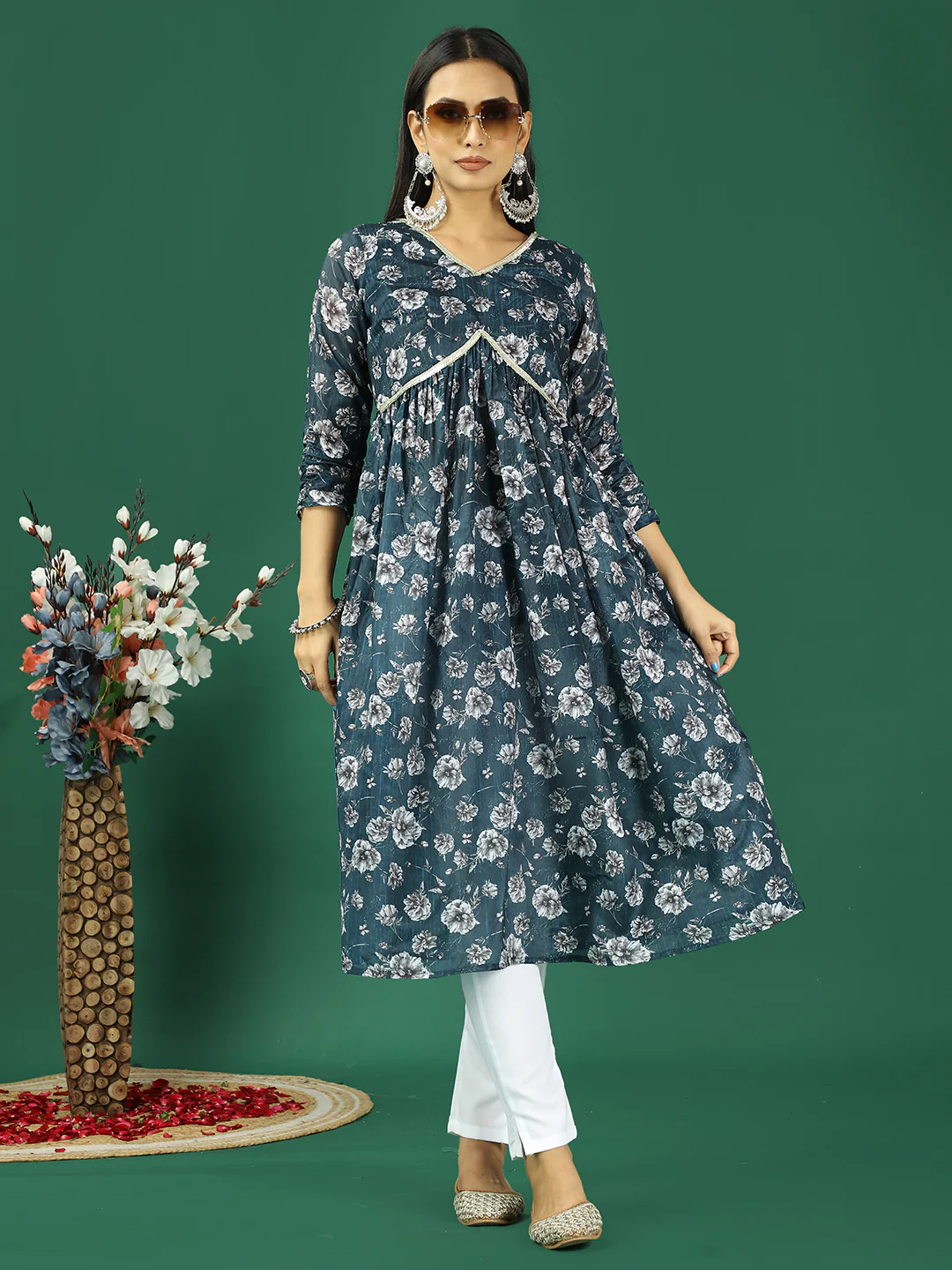 Bollywood Vogue Ready To Wear Blue Chinon Printed Gathered Style Kurta Set - Image 4