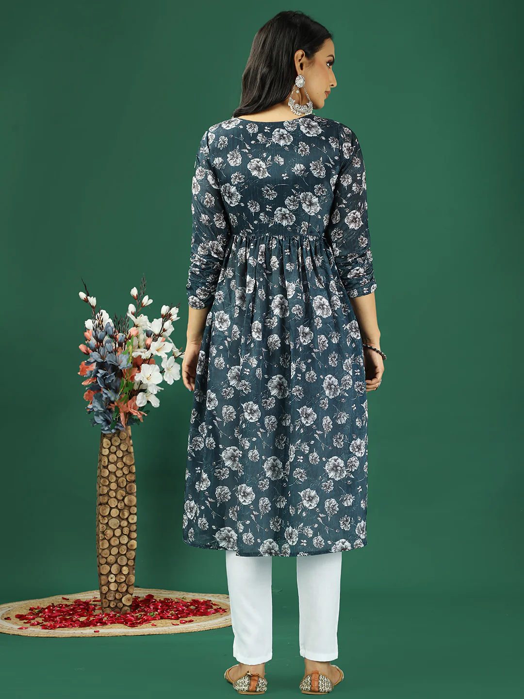 Bollywood Vogue Ready To Wear Blue Chinon Printed Gathered Style Kurta Set - Image 7