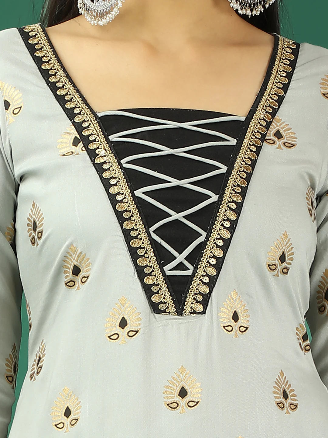 Bollywood Vogue Ready To Wear Grey Rayon Foil Printed N Black Kurta Set - Image 4