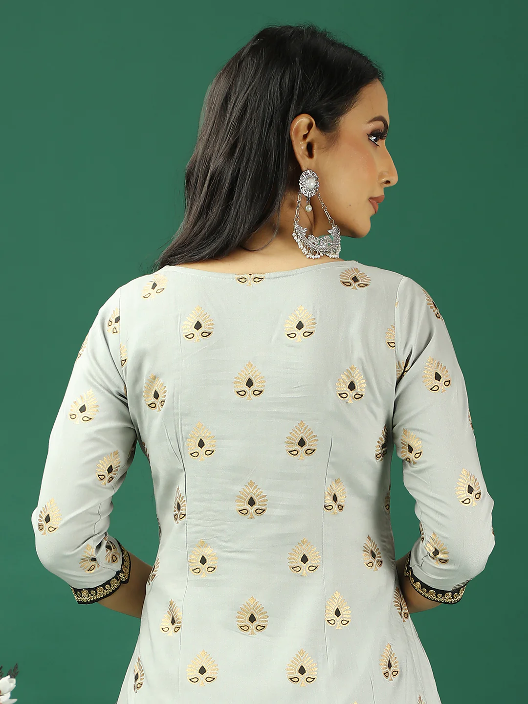 Bollywood Vogue Ready To Wear Grey Rayon Foil Printed N Black Kurta Set - Image 5