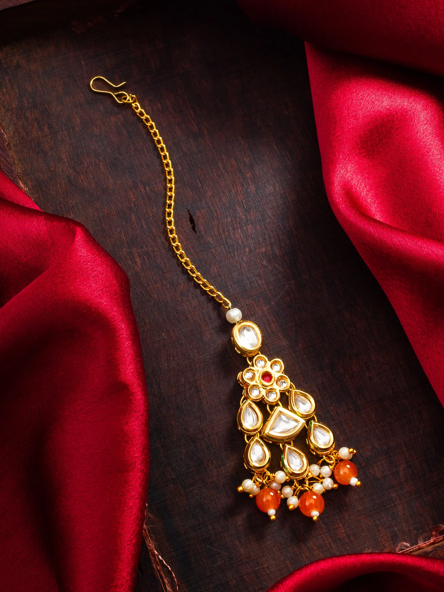 Kundan Maang Tikka with Orange Beads and Pearl - Image 5