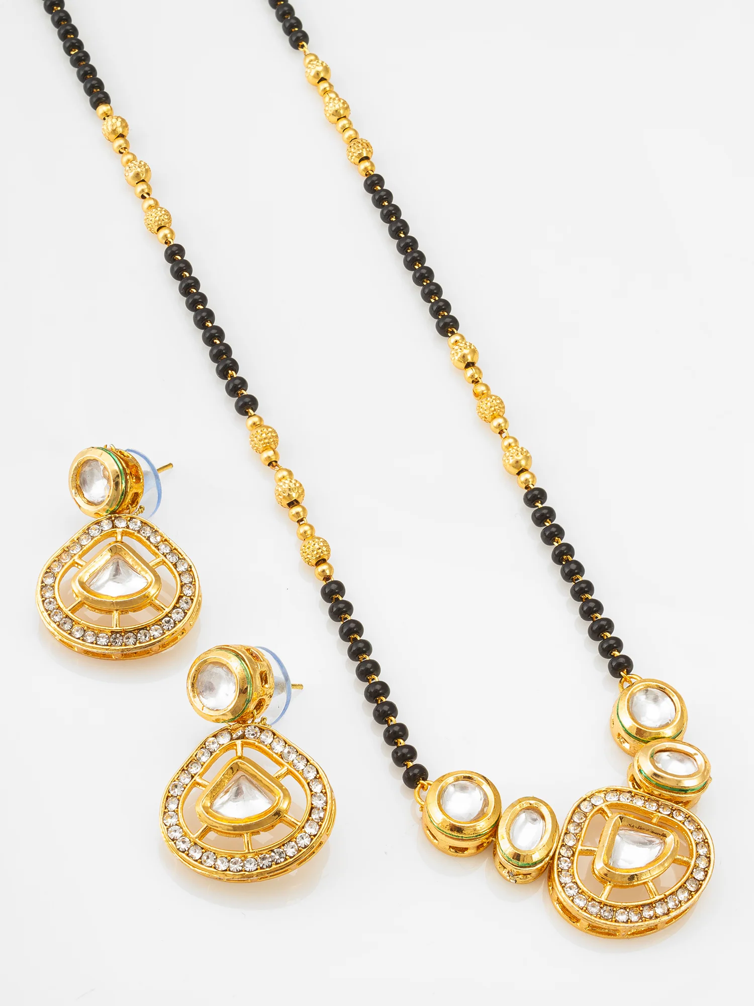 Kundan Mangalsutra Set with Black Beads Chain and Crystal Studded Earrings - Image 2
