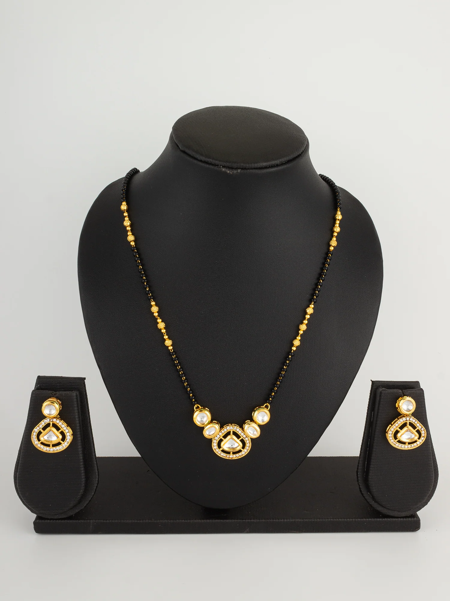 Kundan Mangalsutra Set with Black Beads Chain and Crystal Studded Earrings - Image 5