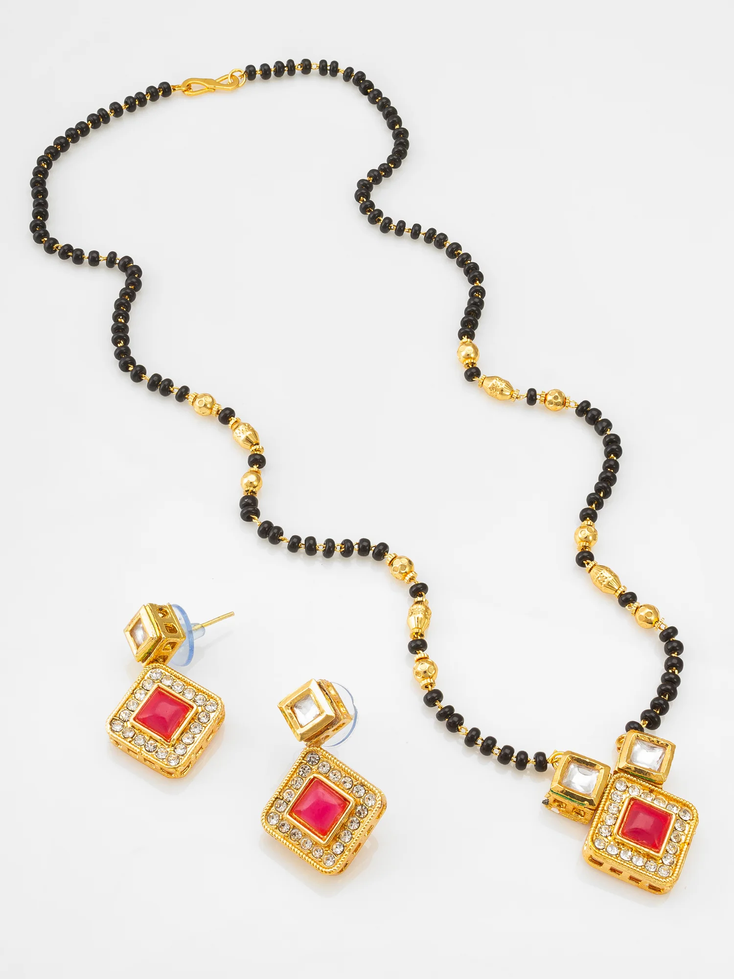 Kundan Mangalsutra Set with Pink Stone Square Pendant and Matching Earrings