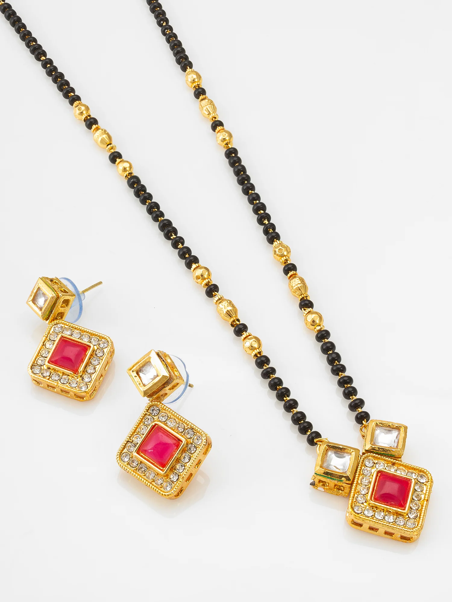 Kundan Mangalsutra Set with Pink Stone Square Pendant and Matching Earrings - Image 2