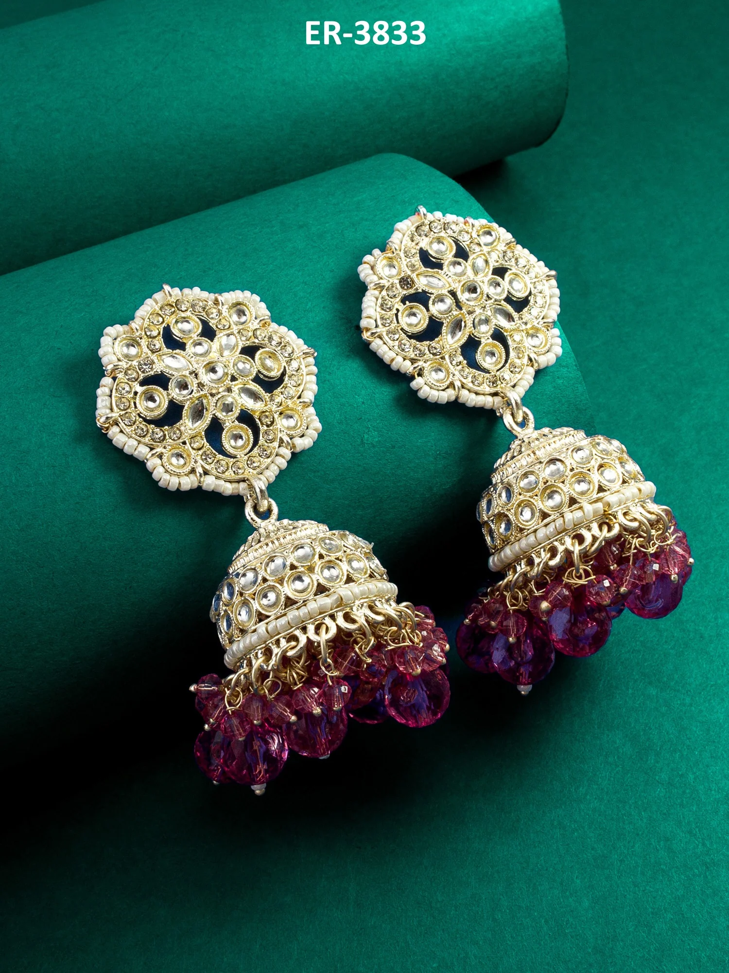 Kundan Pink Beaded Jhumka Earrings - Image 5