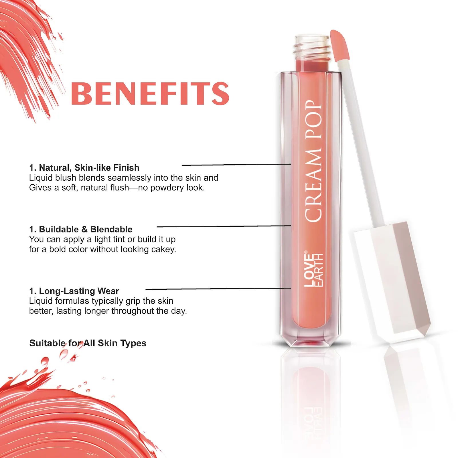 Love Earth Cream Pop Blush - Zinnia| Hyaluronic Acid | Smooth, Lightweight, Long-Lasting | Dewy Finish, Easily Blendable| Everyday Natural Glow | Suitable for All Skin Types -2ML - Image 4