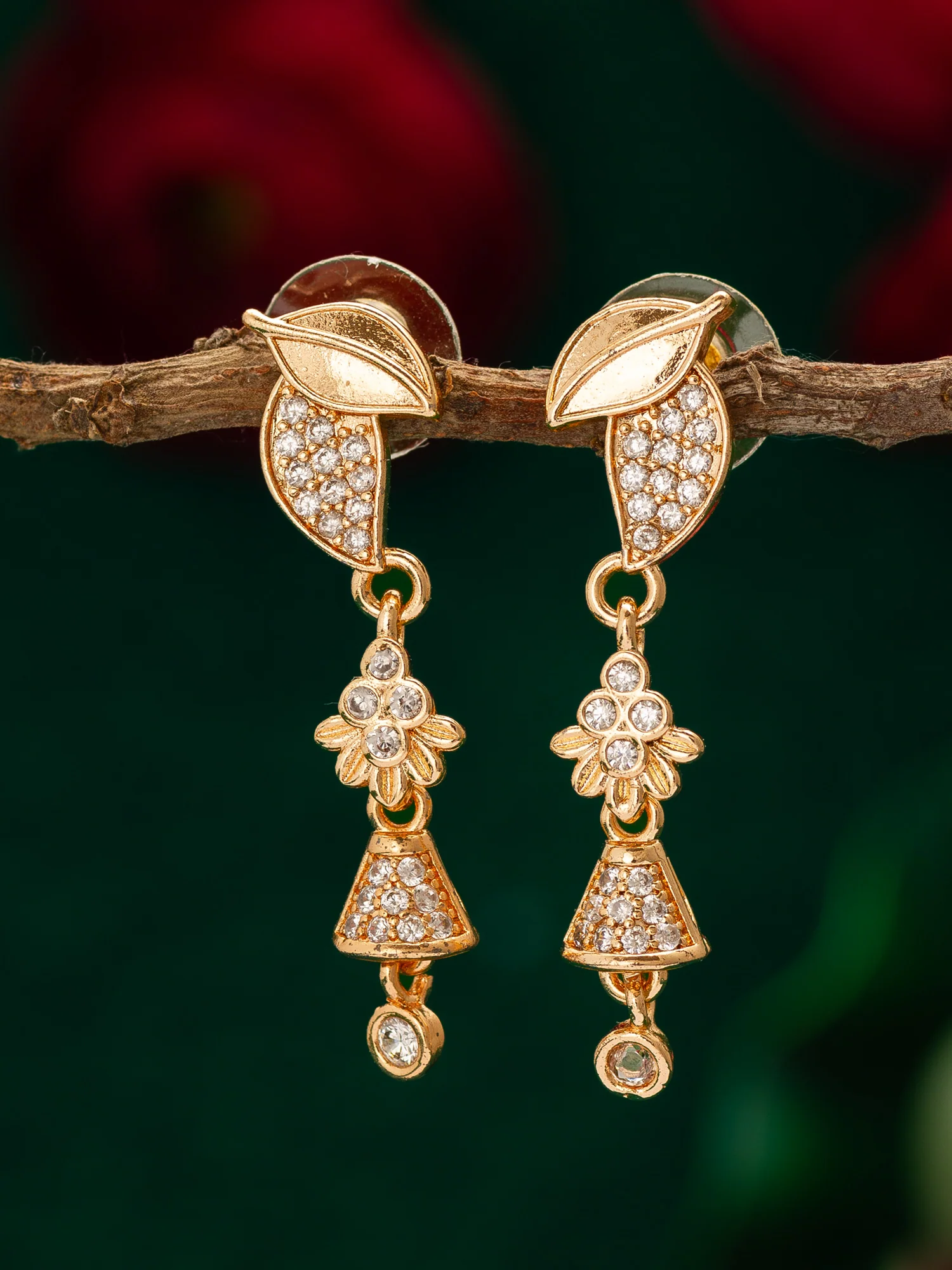 Leaf Motif American Diamond Drop Earrings - Image 4