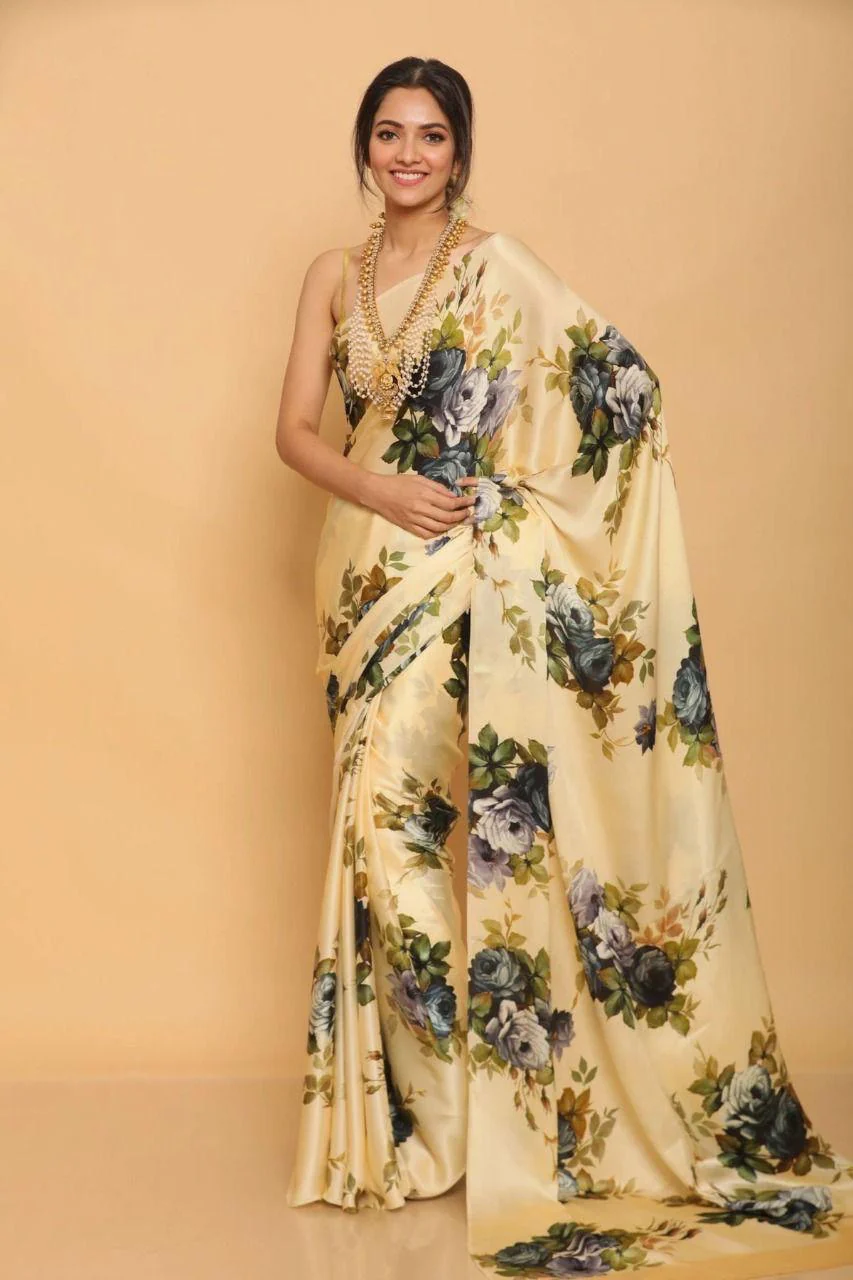 Letest Floral Printed of Satin Saree With Unstitched Blouse - Image 6