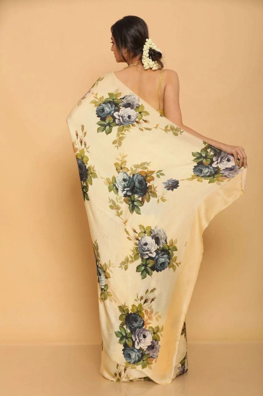 Letest Floral Printed of Satin Saree With Unstitched Blouse - Image 7