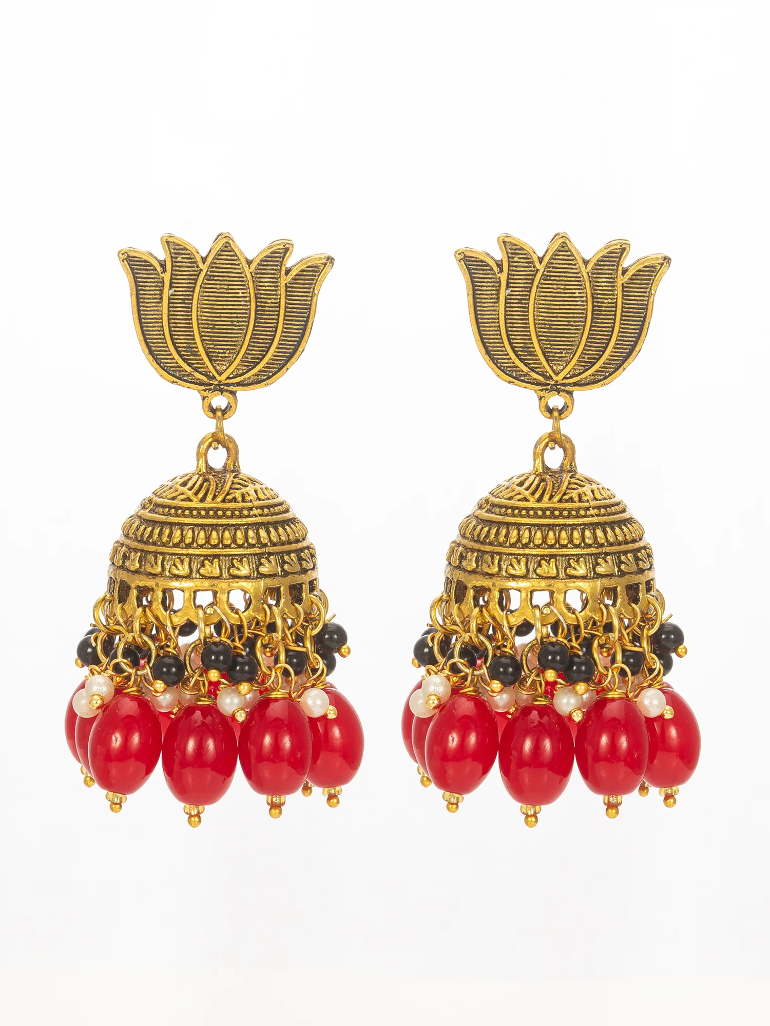 Lotus Top Gold-Plated Red Beaded Jhumka Earrings
