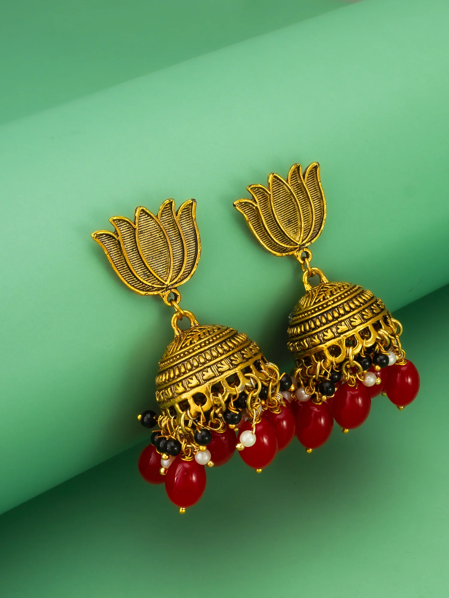Lotus Top Gold-Plated Red Beaded Jhumka Earrings - Image 4