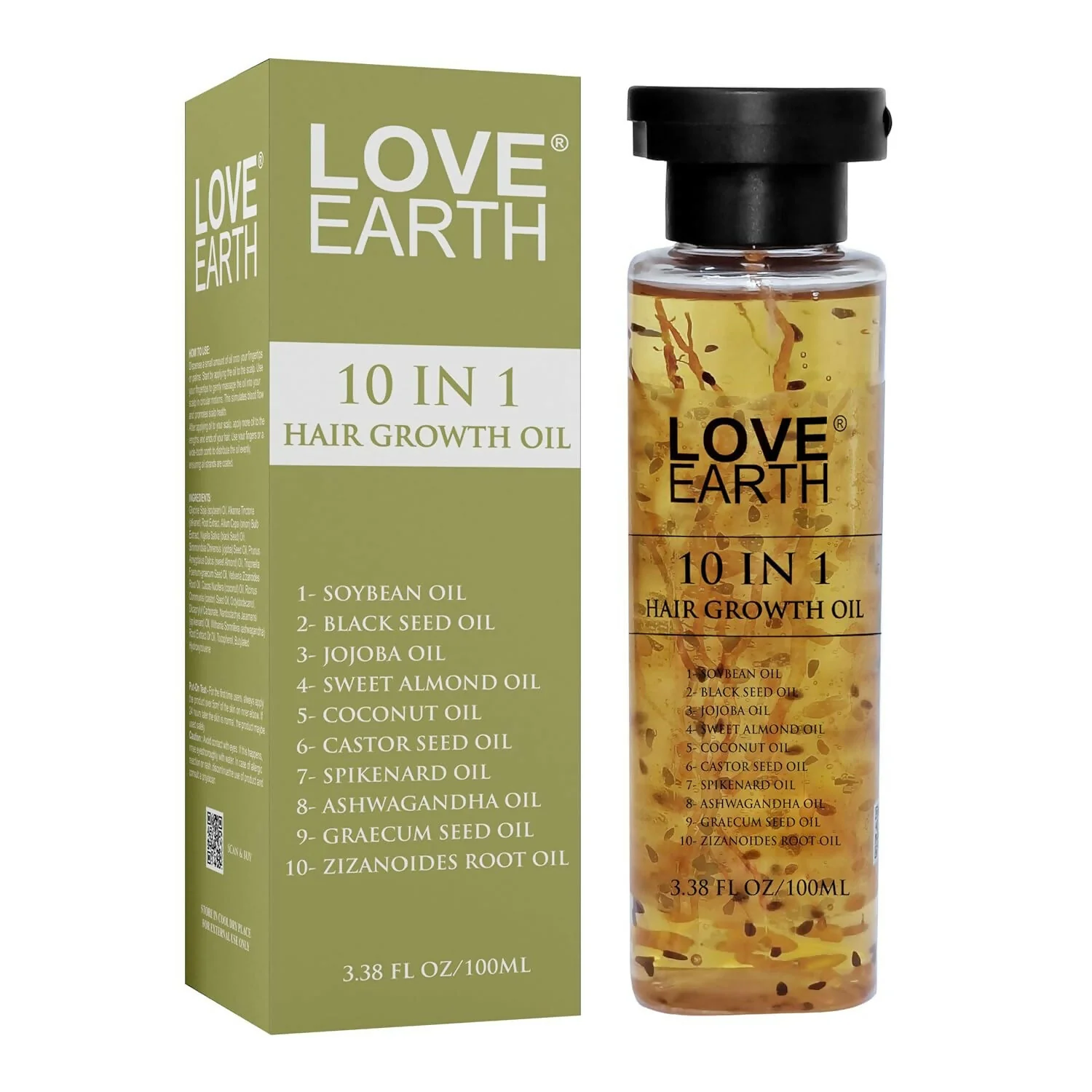 Love Earth 10 In 1 Hair Growth Oil|Soybean Oil, Black Seed Oil, Jojoba Oil, Sweet Almond Oil, Coconut Oil, Castor Seed Oil, Spikenard Oil, Ashwagandha Oil, Graecum Seed Oil, Zizanoides Root Oil 100ml - Image 2