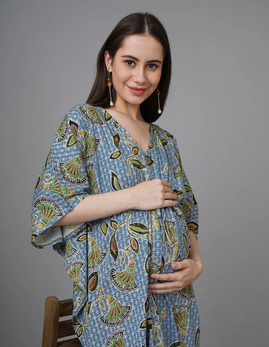 Mandala Blue Maternity and Nursing Kaftan Midi Dress - Image 5
