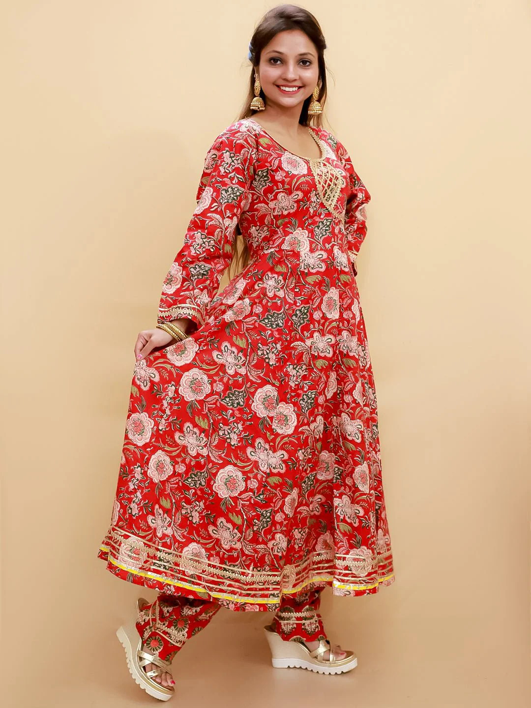 Maroon Block Print Anarkali Kurta Set - Image 5