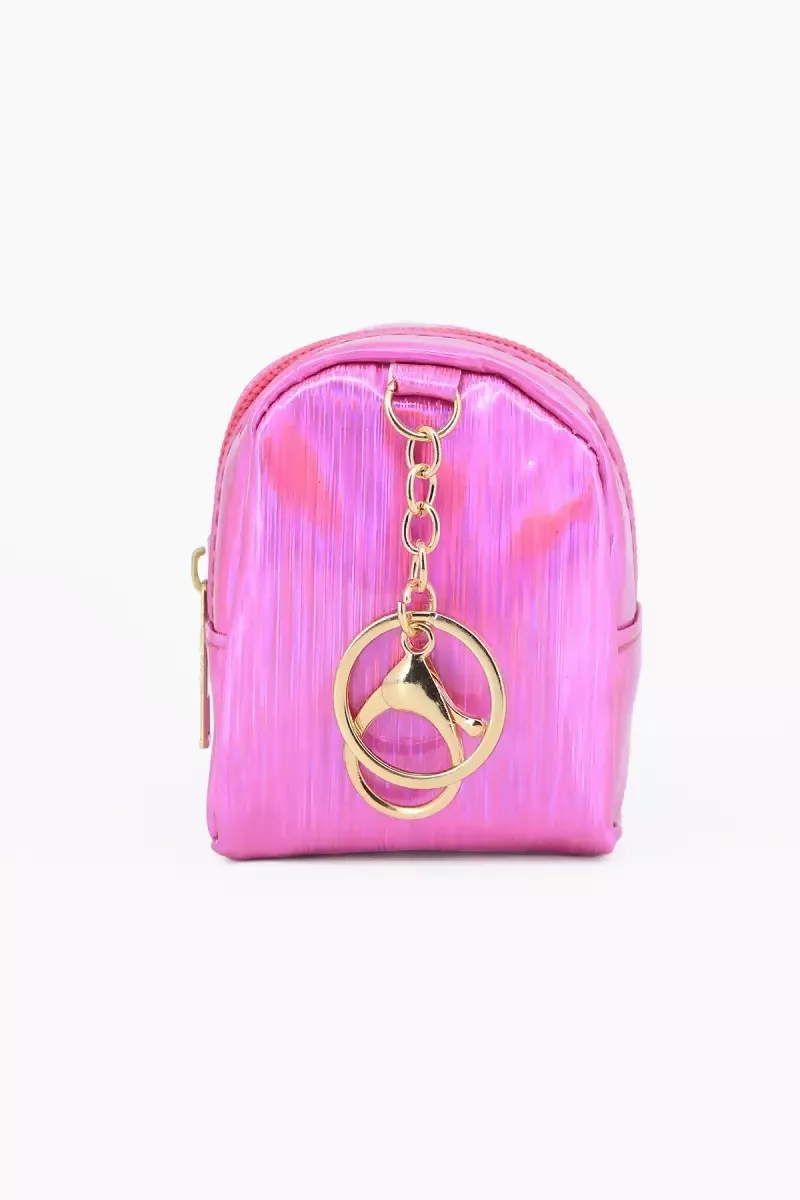 Mini Coin Purse Keychain with Fluffy Pompom (Dark Pink ) - Image 4