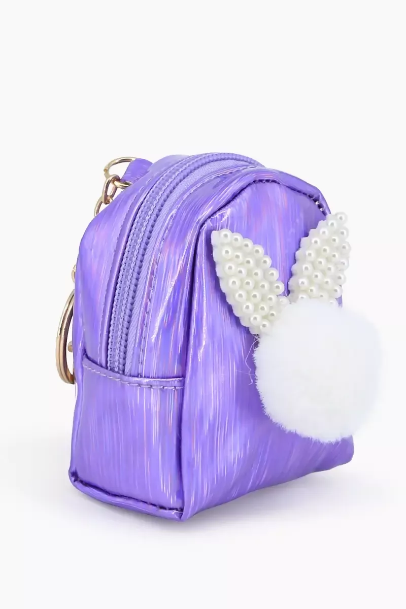Mini Coin Purse Keychain with Fluffy Pompom (Purple) - Image 3