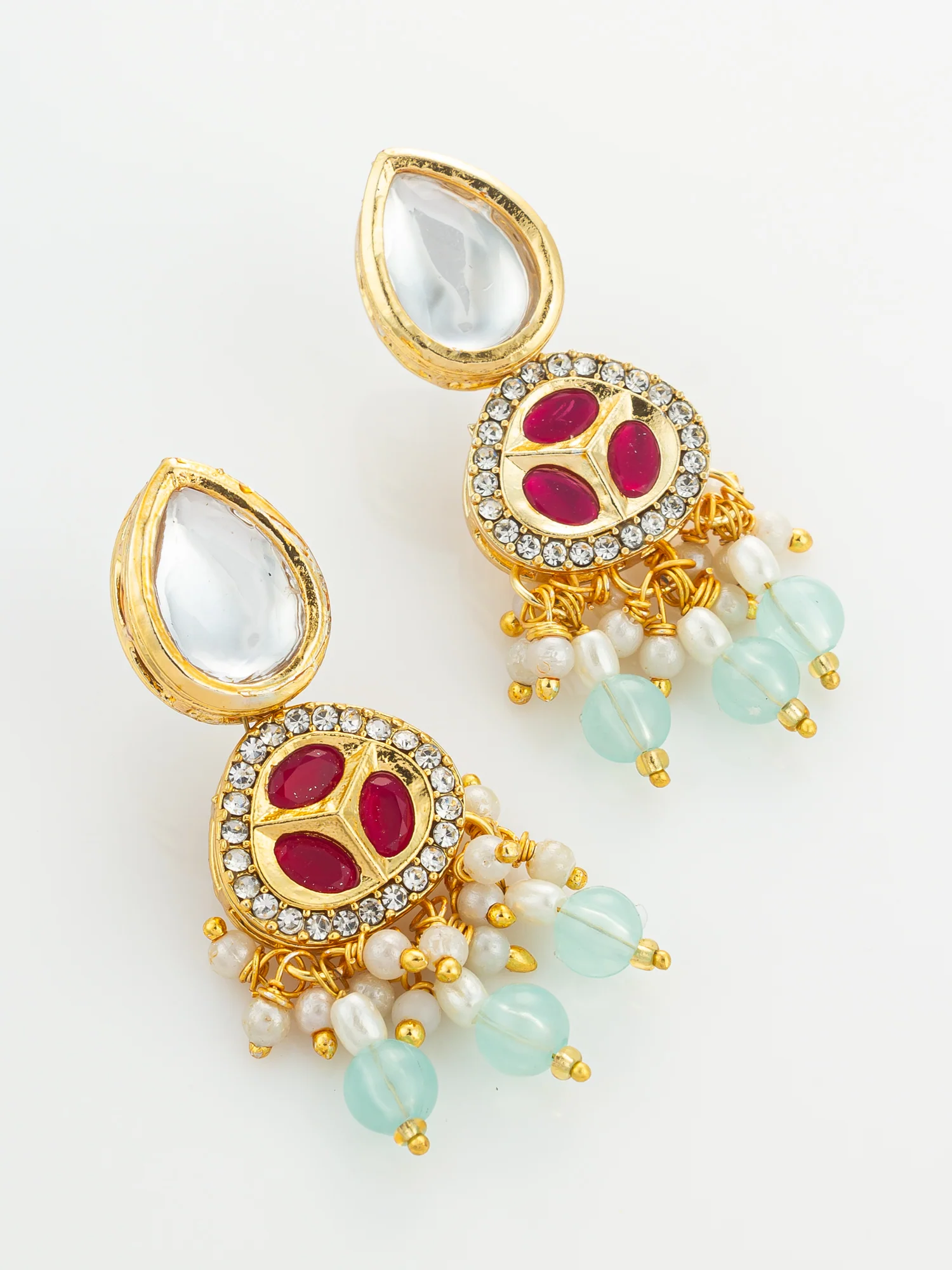 Mint Green and Pearl Multi-Strand Kundan Necklace Set - Image 2