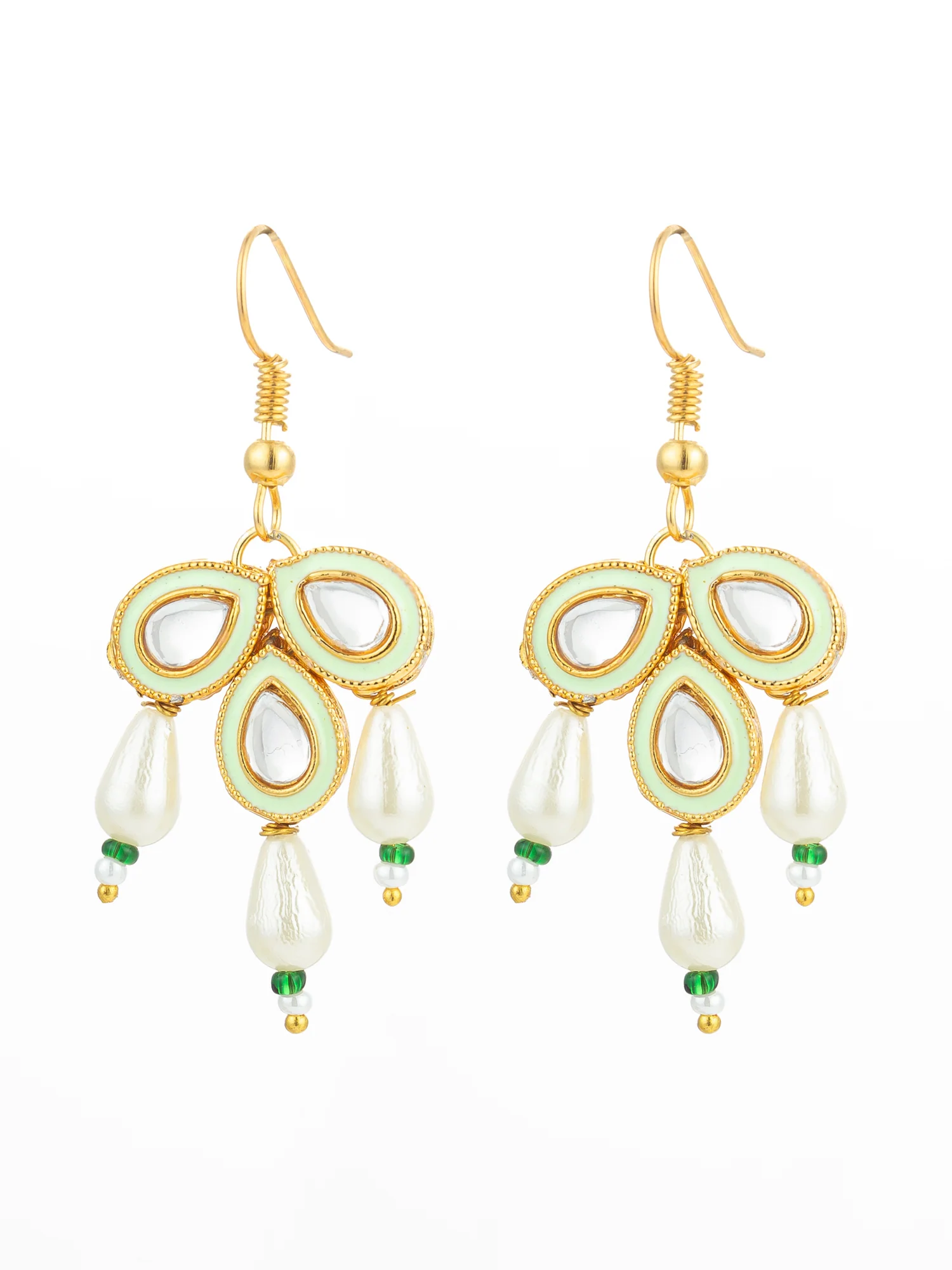 Mint Green Enamel Kundan Drop Earrings with Pearls