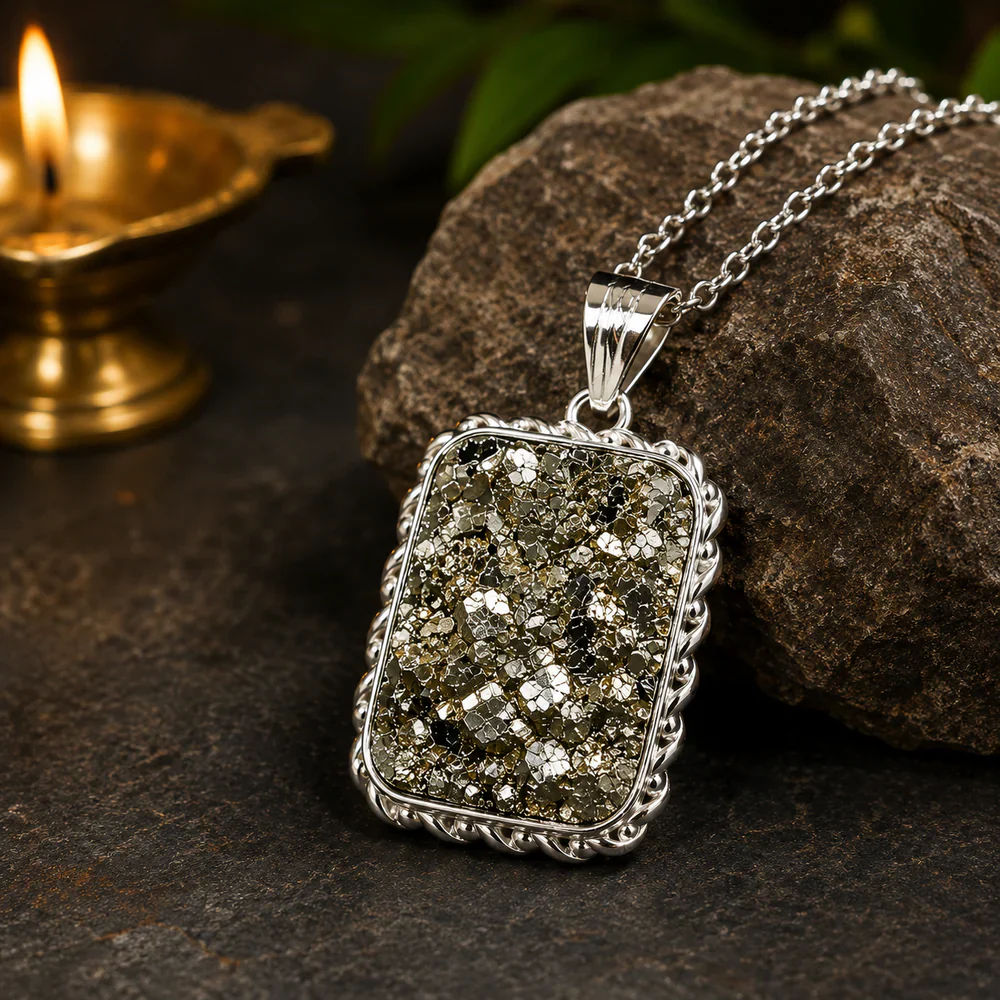 Natural Pyrite Stone Pendant – -Gold-Like Crystal Energy Necklace, Raw Fool’s Gold Healing Gemstone Pendant with Elegant Metal Chain for Unisex Wear - Image 2