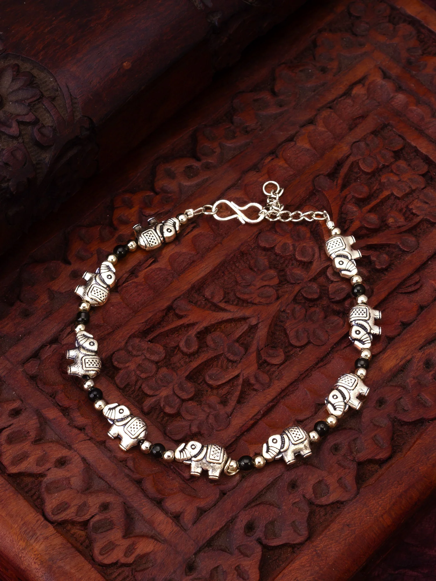 Oxidized Silver Elephant Charm Bracelet with Black Beads - Image 4