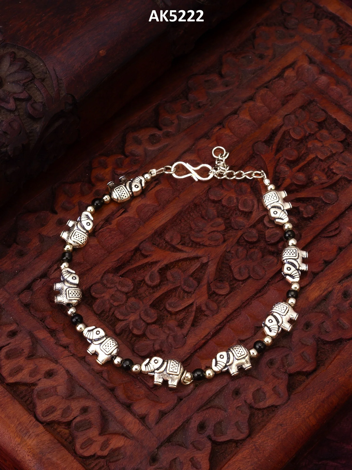Oxidized Silver Elephant Charm Bracelet with Black Beads - Image 5