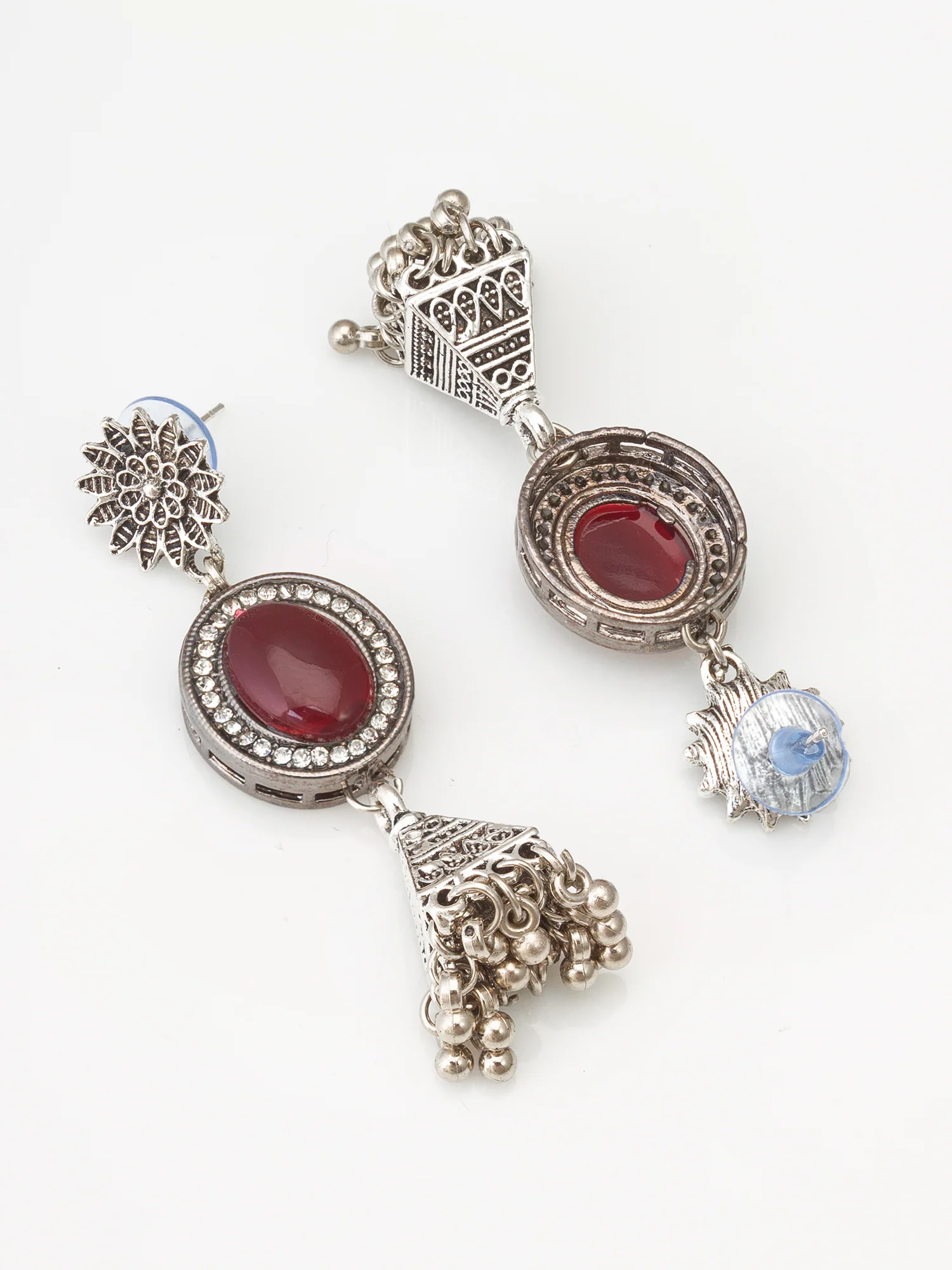 Oxidized Silver Jhumka Earrings with Stone - Image 2