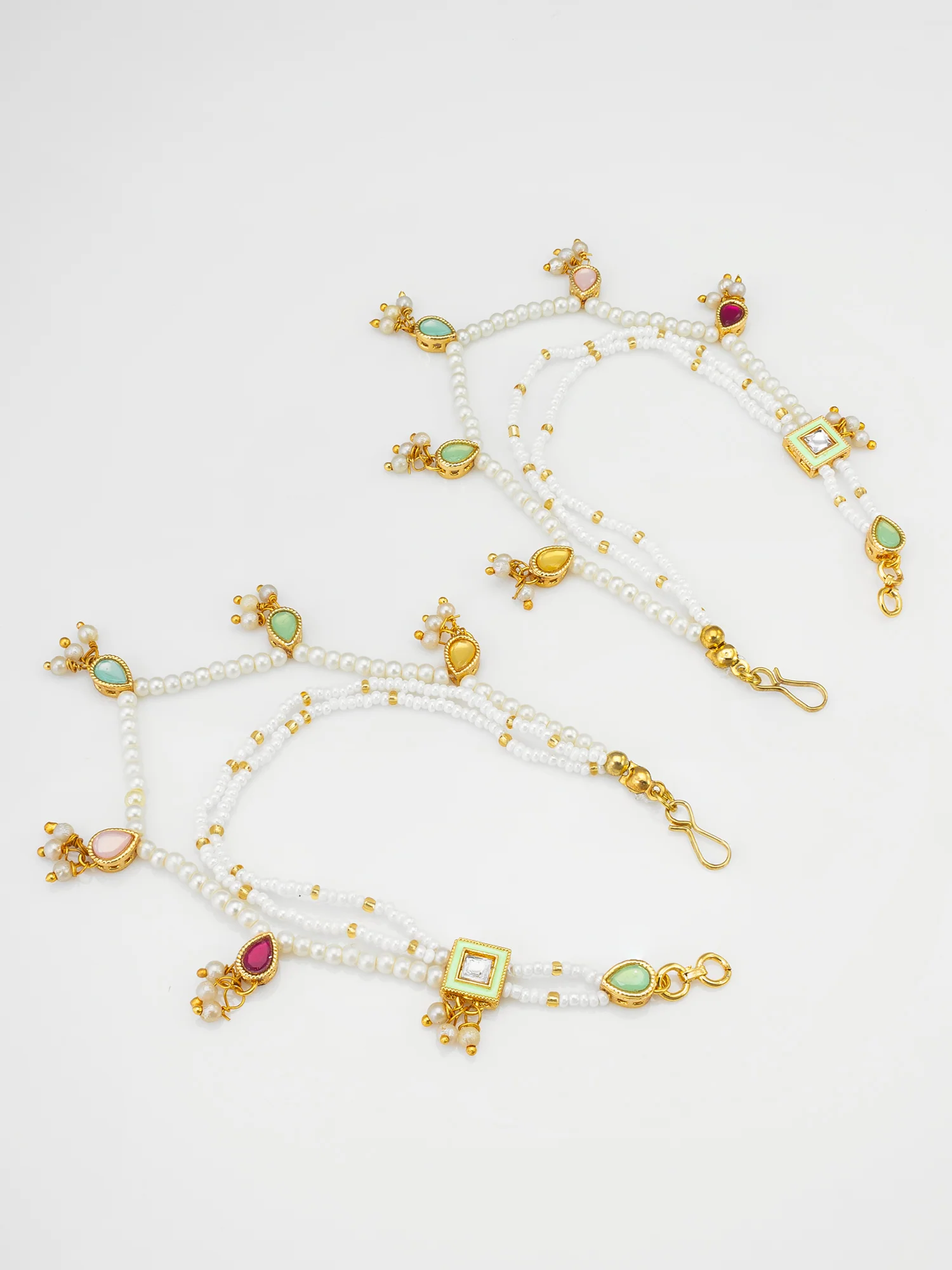 Pearl Seed Bead Ear Chain with Multicolor Kundan Teardrop and Square Pendants - Image 3