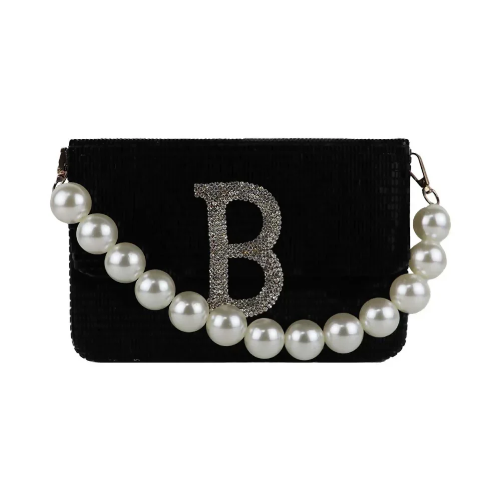 Pearl Strap Clutch with Rhinestone "B" Initial for women - Image 2