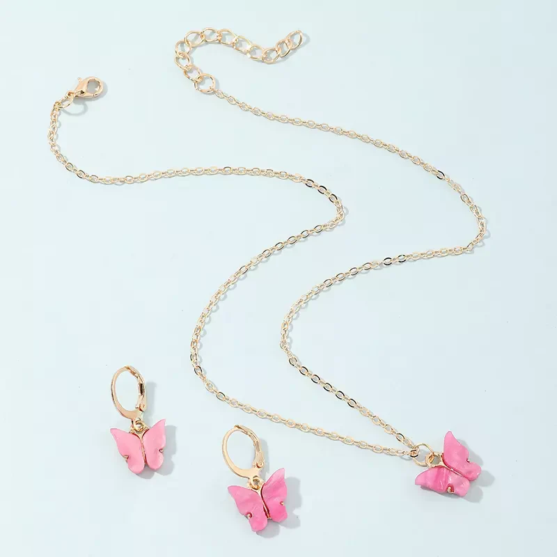 Pinapes Butterfly Earrings & Pendant Necklace Set – Pink Acrylic - Image 3