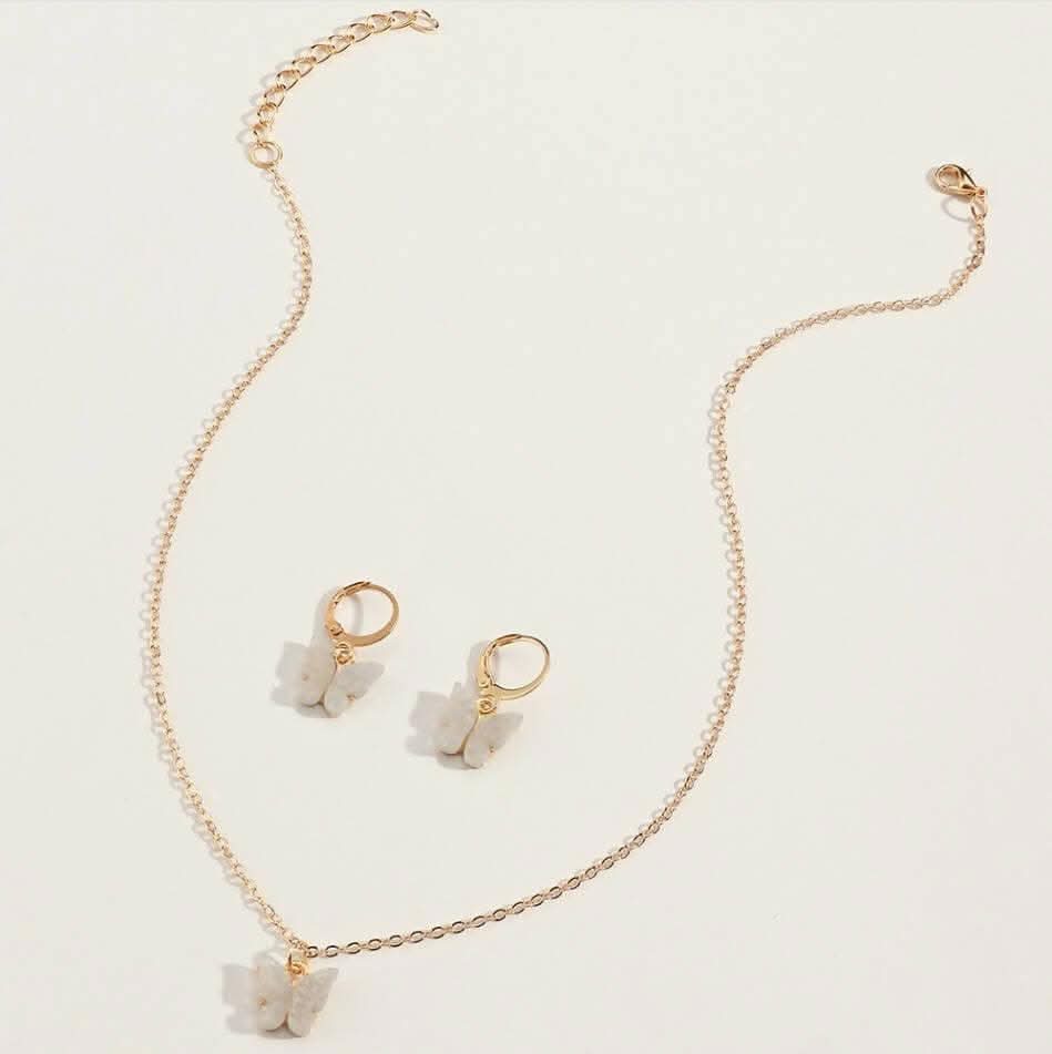 Pinapes White Acrylic Butterfly Hoop Earrings & Necklace Set Stylish Jewelry for Women & Girls