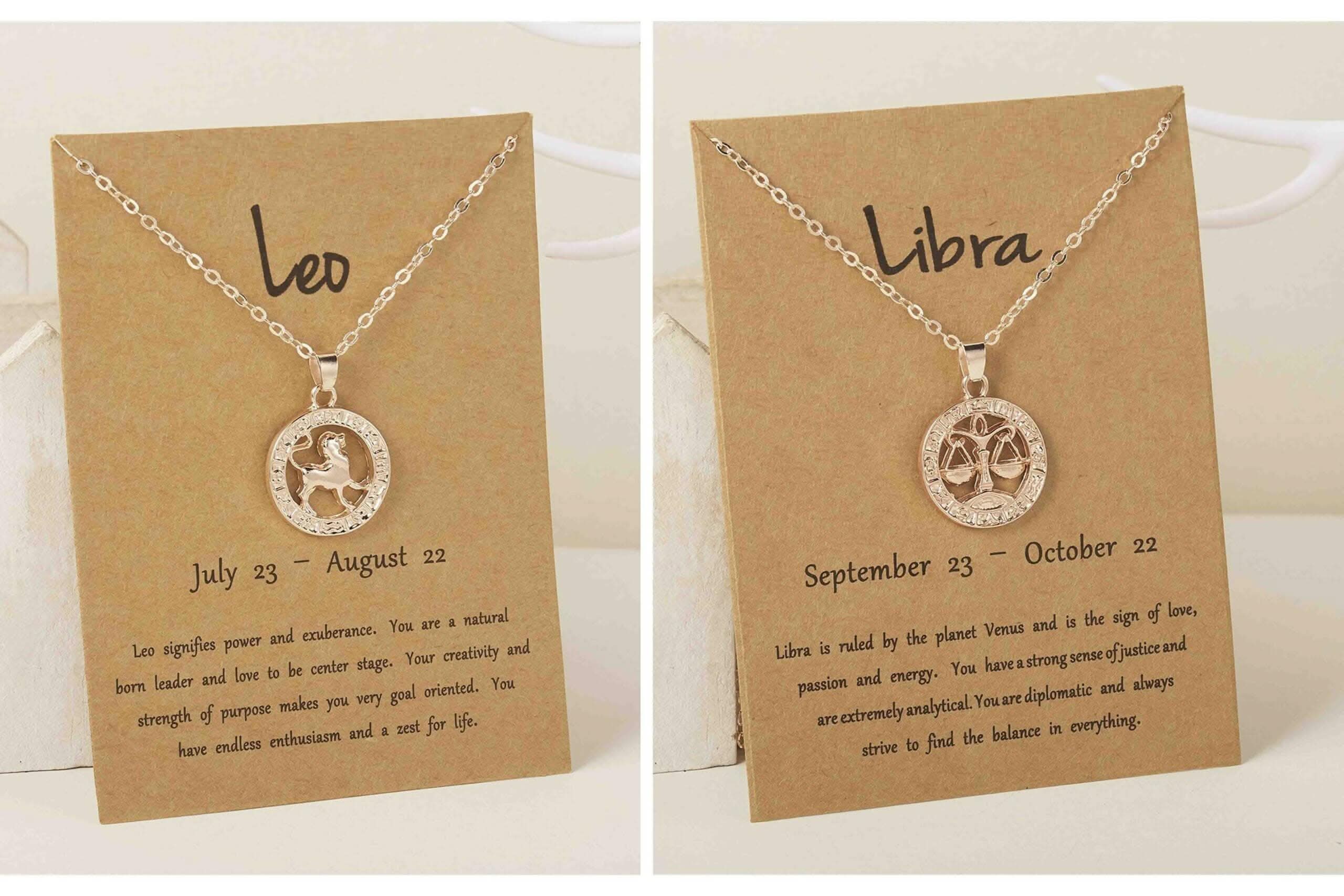 Pinapes Dimensional Rose Gold Zodiac Necklace Leo & Libra Round Hollow Design