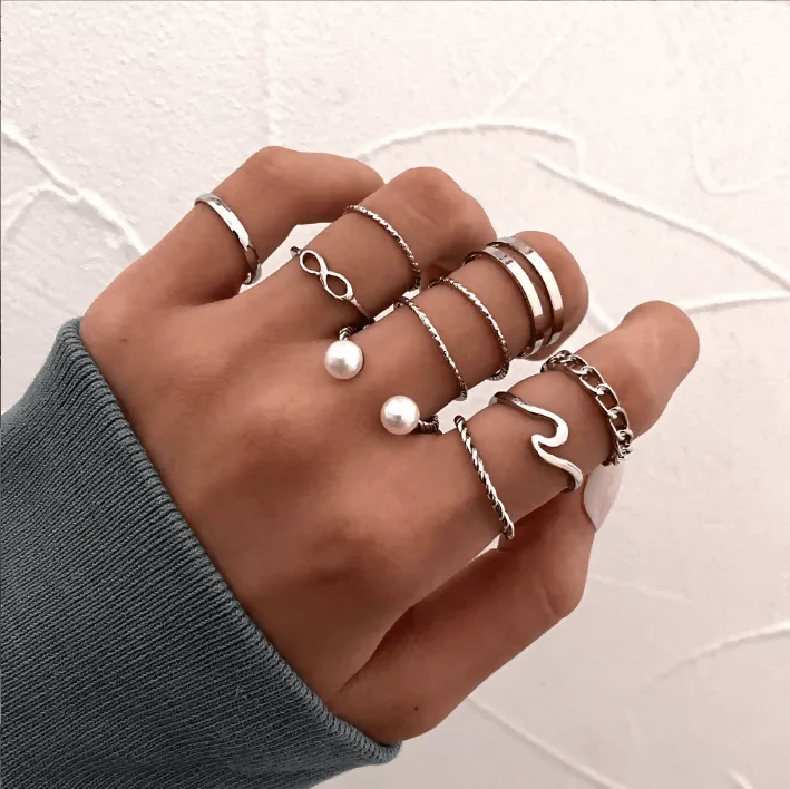 Pinapes Fashion Non Precious Base Metal Boho Midi Finger Ring for Girls – Set of 10